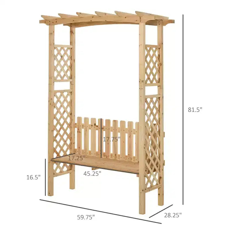 Pergola a panchina da giardino per esterni con struttura in legno di abete naturale, vernice protettiva