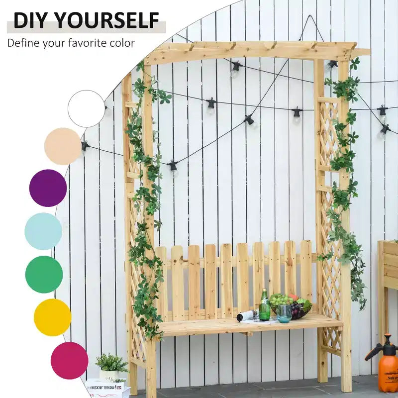 Pergola a panchina da giardino per esterni con struttura in legno di abete naturale, vernice protettiva