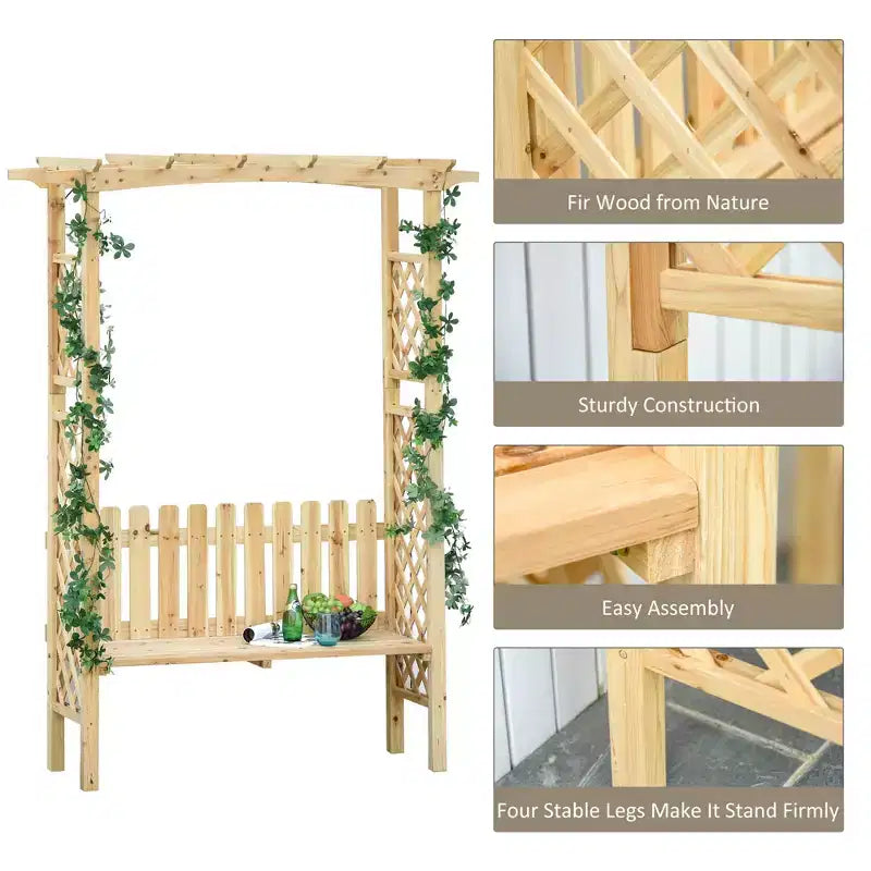 Pergola a panchina da giardino per esterni con struttura in legno di abete naturale, vernice protettiva
