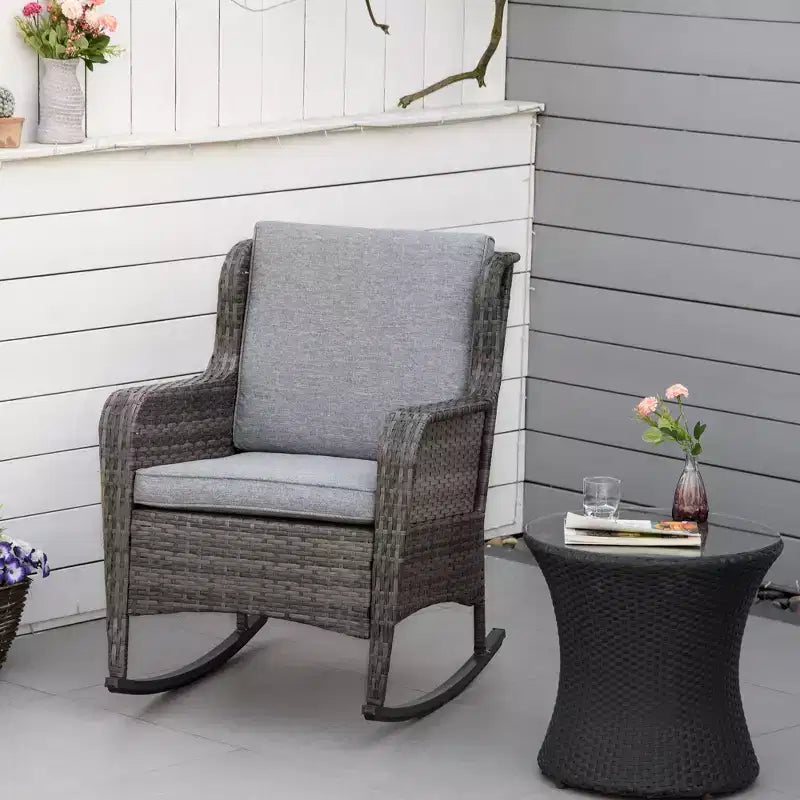 Sedia a dondolo in vimini per esterni, Dondolo in rattan con cuscini, Struttura in acciaio per patio, giardino