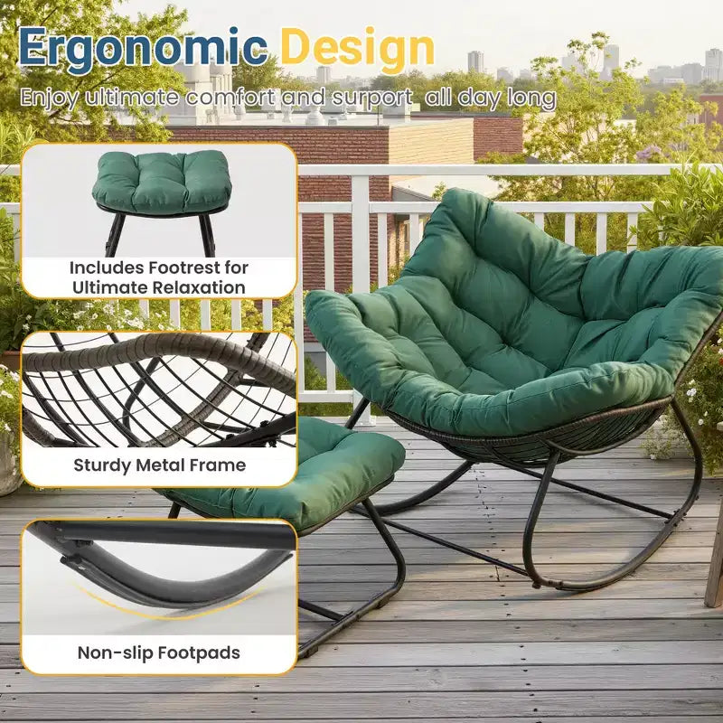 Sedia a dondolo da patio Heynemo con pouf, sedia a dondolo a forma di uovo da esterno e interno con cuscini, sedia a sdraio in metallo, sedia Papasan oversize, sedia da lettura