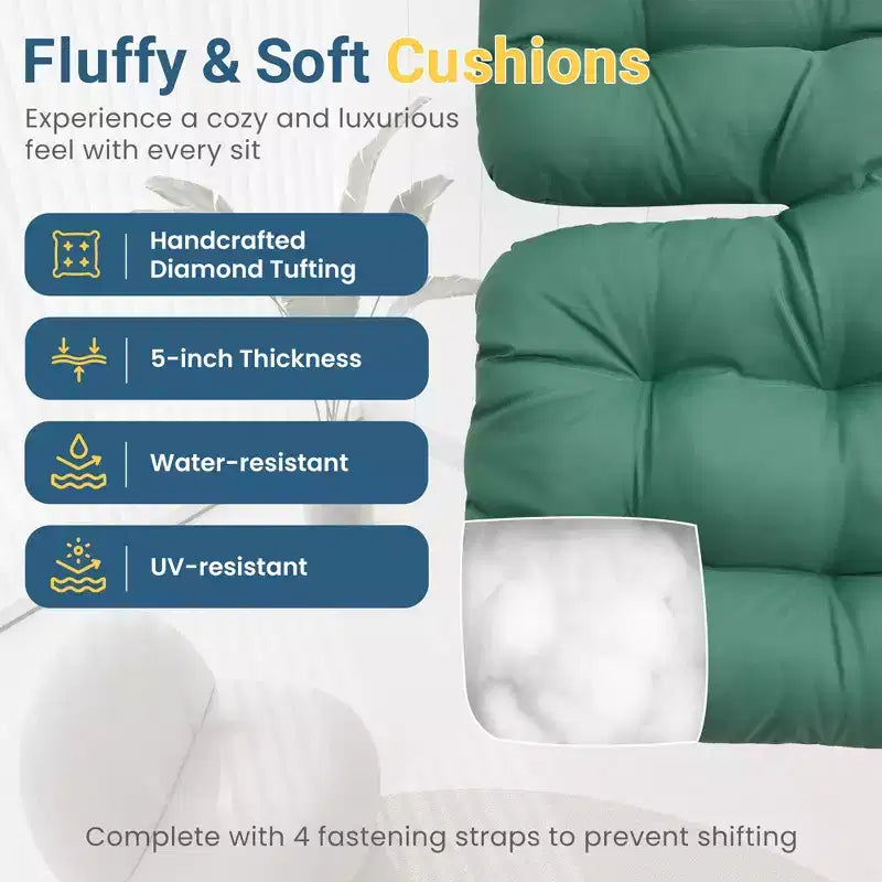 Sedia a dondolo da patio Heynemo con pouf, sedia a dondolo a forma di uovo da esterno e interno con cuscini, sedia a sdraio in metallo, sedia Papasan oversize, sedia da lettura