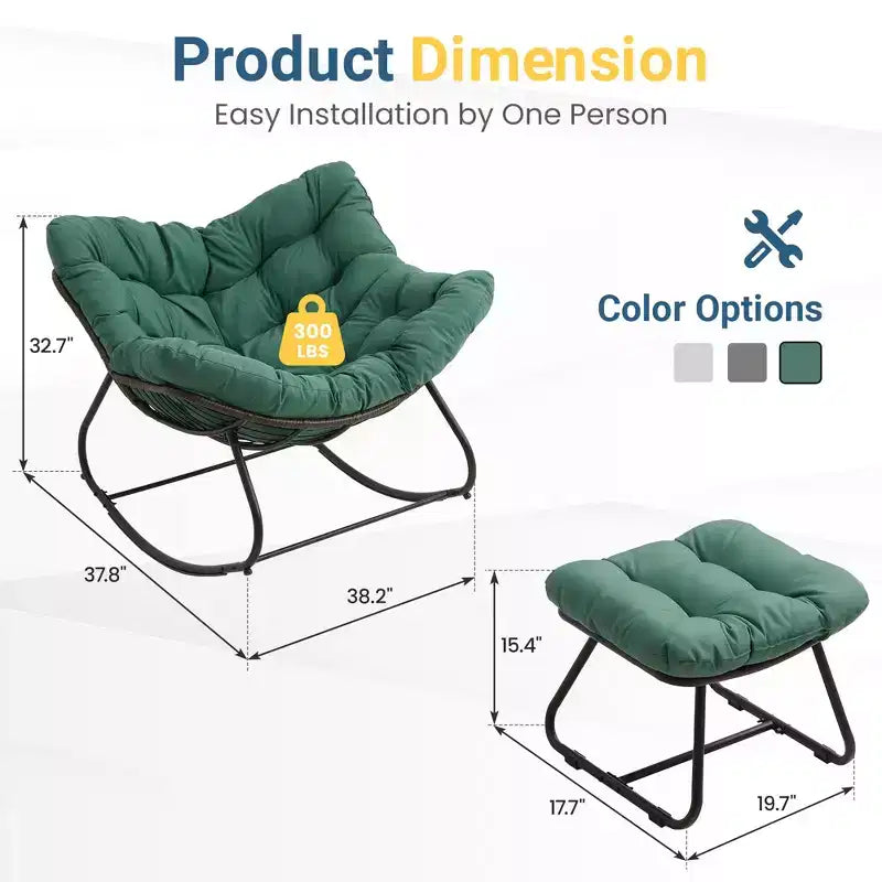 Sedia a dondolo da patio Heynemo con pouf, sedia a dondolo a forma di uovo da esterno e interno con cuscini, sedia a sdraio in metallo, sedia Papasan oversize, sedia da lettura