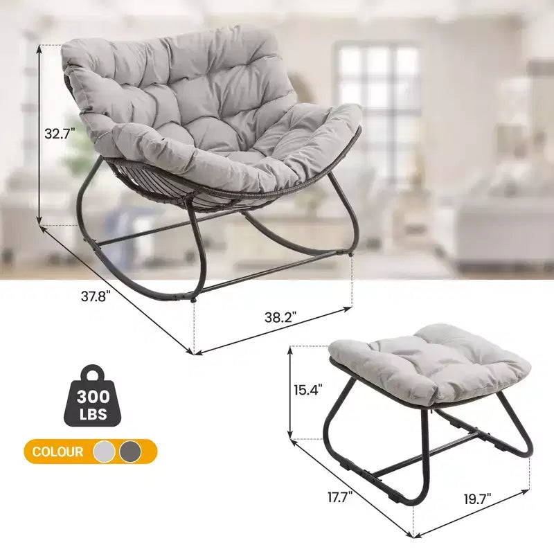 Sedia a dondolo da patio Heynemo con pouf, sedia a dondolo a forma di uovo da esterno e interno con cuscini, sedia a sdraio in metallo, sedia Papasan oversize, sedia da lettura