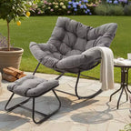 Sedia a dondolo da patio Heynemo con pouf, sedia a dondolo a forma di uovo da esterno e interno con cuscini, sedia a sdraio in metallo, sedia Papasan oversize, sedia da lettura