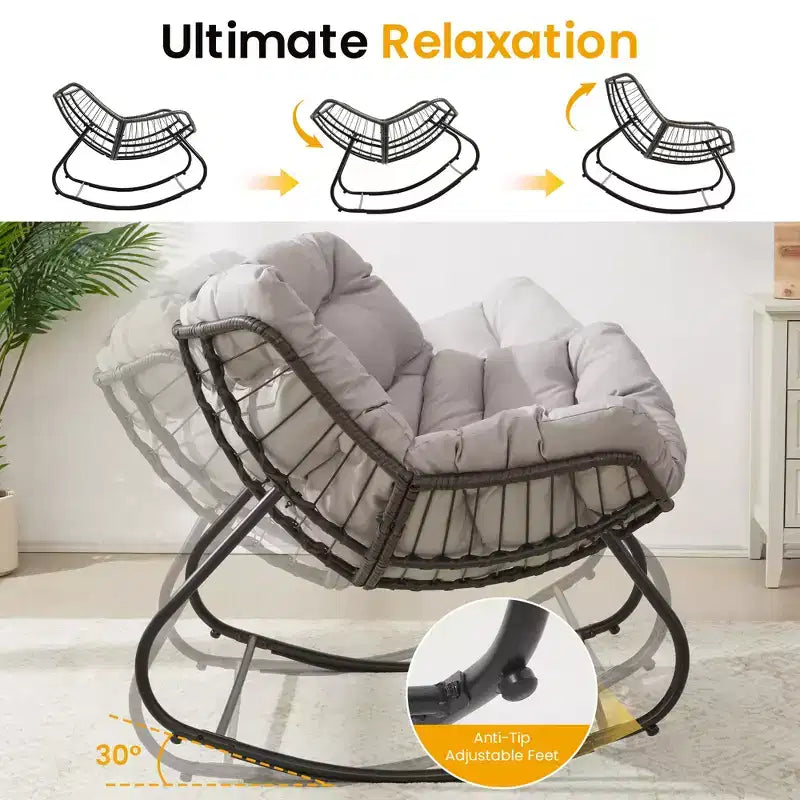 Sedia a dondolo da patio Heynemo con pouf, sedia a dondolo a forma di uovo da esterno e interno con cuscini, sedia a sdraio in metallo, sedia Papasan oversize, sedia da lettura