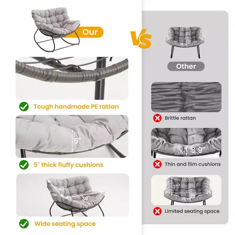 Sedia a dondolo da patio Heynemo con pouf, sedia a dondolo a forma di uovo da esterno e interno con cuscini, sedia a sdraio in metallo, sedia Papasan oversize, sedia da lettura