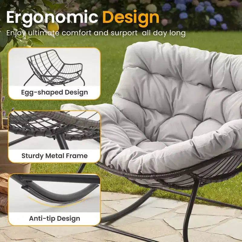 Sedia a dondolo da patio Heynemo con pouf, sedia a dondolo a forma di uovo da esterno e interno con cuscini, sedia a sdraio in metallo, sedia Papasan oversize, sedia da lettura
