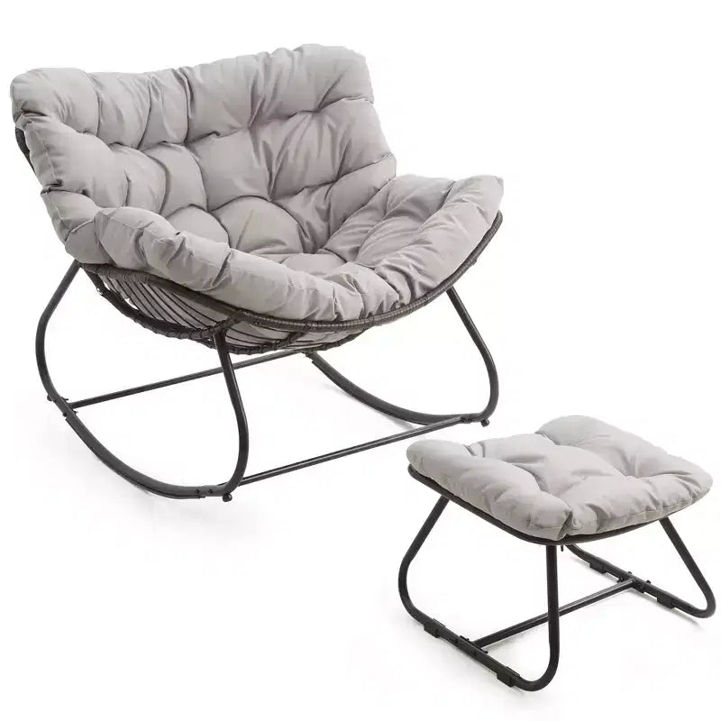 Sedia a dondolo da patio Heynemo con pouf, sedia a dondolo a forma di uovo da esterno e interno con cuscini, sedia a sdraio in metallo, sedia Papasan oversize, sedia da lettura
