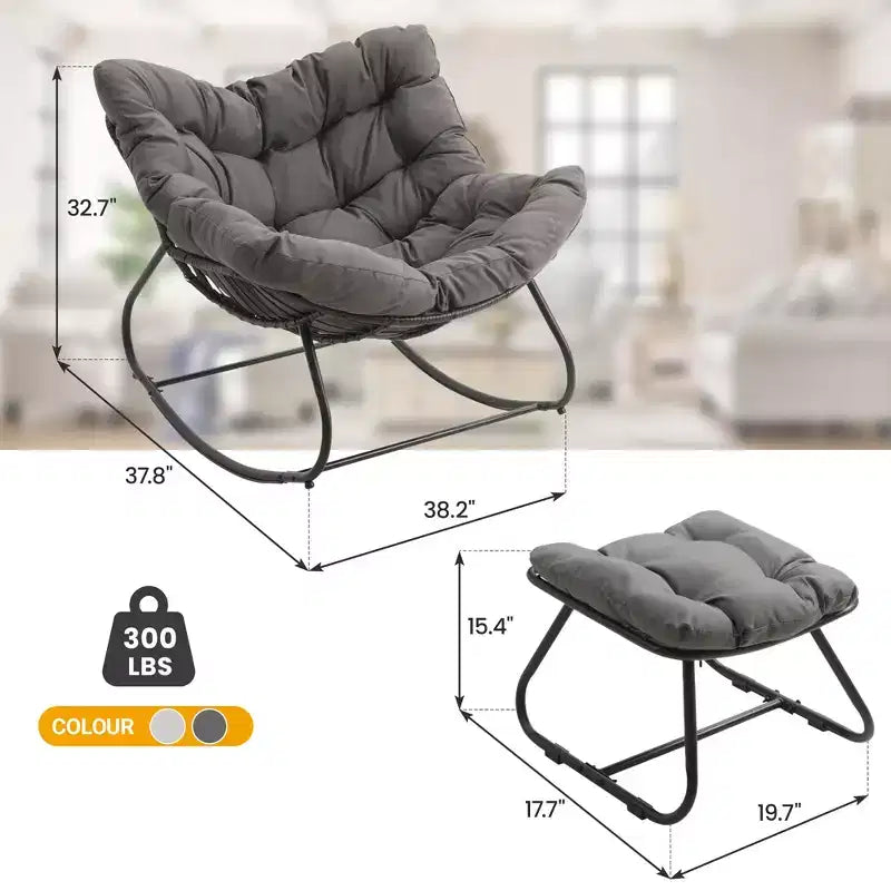 Sedia a dondolo da patio Heynemo con pouf, sedia a dondolo a forma di uovo da esterno e interno con cuscini, sedia a sdraio in metallo, sedia Papasan oversize, sedia da lettura