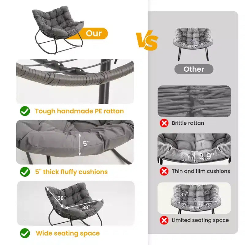 Sedia a dondolo da patio Heynemo con pouf, sedia a dondolo a forma di uovo da esterno e interno con cuscini, sedia a sdraio in metallo, sedia Papasan oversize, sedia da lettura