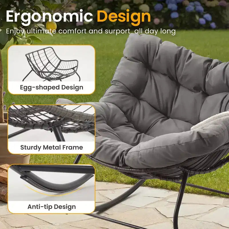 Sedia a dondolo da patio Heynemo con pouf, sedia a dondolo a forma di uovo da esterno e interno con cuscini, sedia a sdraio in metallo, sedia Papasan oversize, sedia da lettura