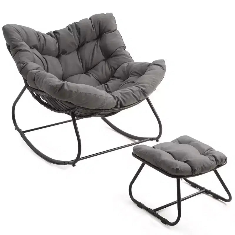 Sedia a dondolo da patio Heynemo con pouf, sedia a dondolo a forma di uovo da esterno e interno con cuscini, sedia a sdraio in metallo, sedia Papasan oversize, sedia da lettura
