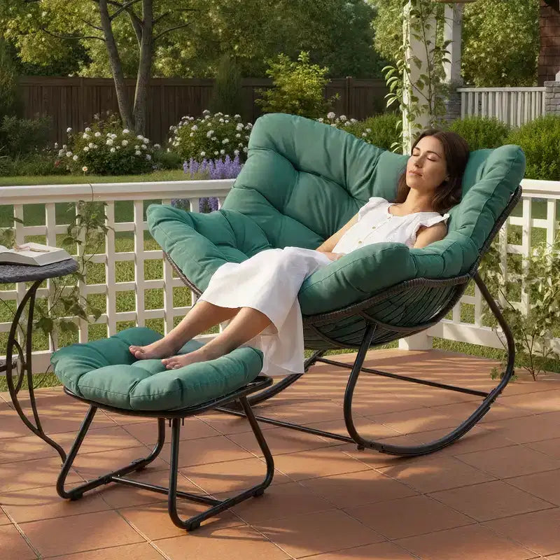 Sedia a dondolo da patio Heynemo con pouf, sedia a dondolo a forma di uovo da esterno e interno con cuscini, sedia a sdraio in metallo, sedia Papasan oversize, sedia da lettura