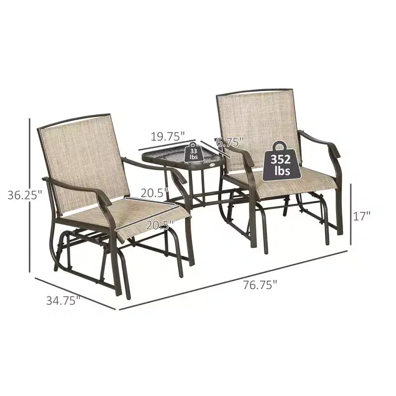 Outdoor Glider Chairs with Coffee Table, Patio 2-Seat Rocking Chair Swing Loveseat with Breathable Sling for Backyard, Garden, and Porch