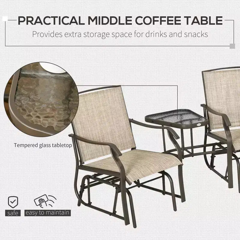 Outdoor Glider Chairs with Coffee Table, Patio 2-Seat Rocking Chair Swing Loveseat with Breathable Sling for Backyard, Garden, and Porch
