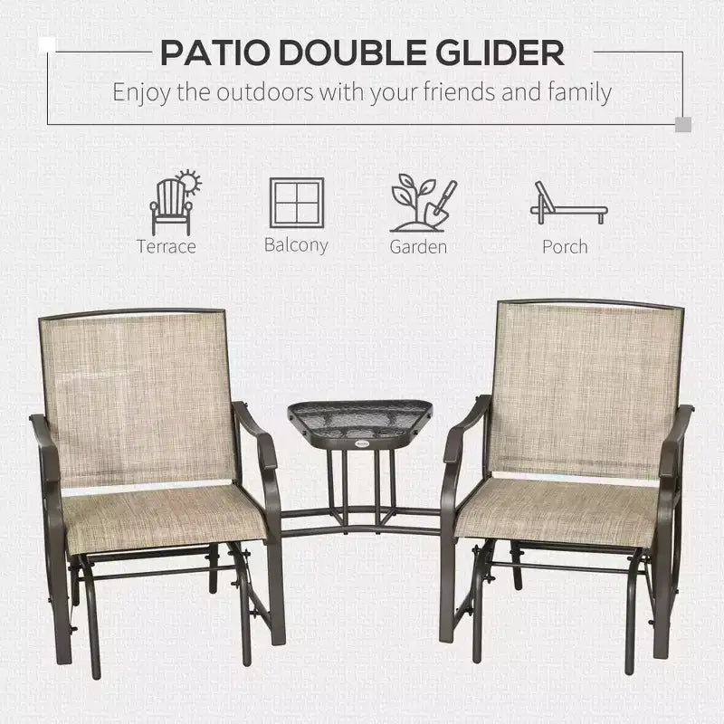 Outdoor Glider Chairs with Coffee Table, Patio 2-Seat Rocking Chair Swing Loveseat with Breathable Sling for Backyard, Garden, and Porch