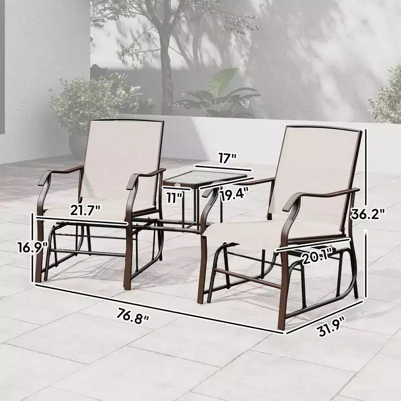 Outdoor Glider Chairs with Coffee Table, Patio 2-Seat Rocking Chair Swing Loveseat with Breathable Sling for Backyard, Garden, and Porch