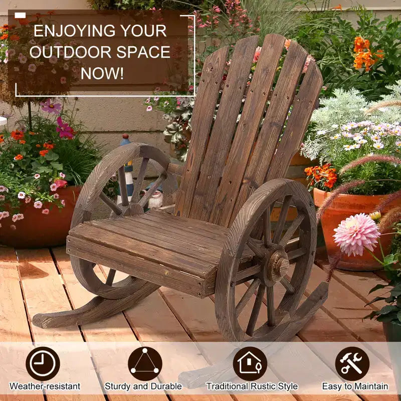 Wooden Rocking Chair, Adirondack Rocker Chair w/ Slatted Design and Oversized Back, for Porch, and Garden