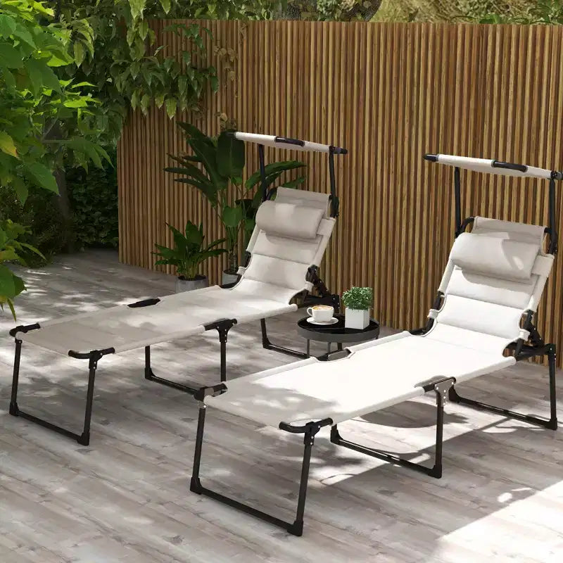 2 Pcs Outdoor Lounge Chair, 4 Position Adjustable Backrest, Folding, Cushioned w/ Sun Shade Roof & Pillow