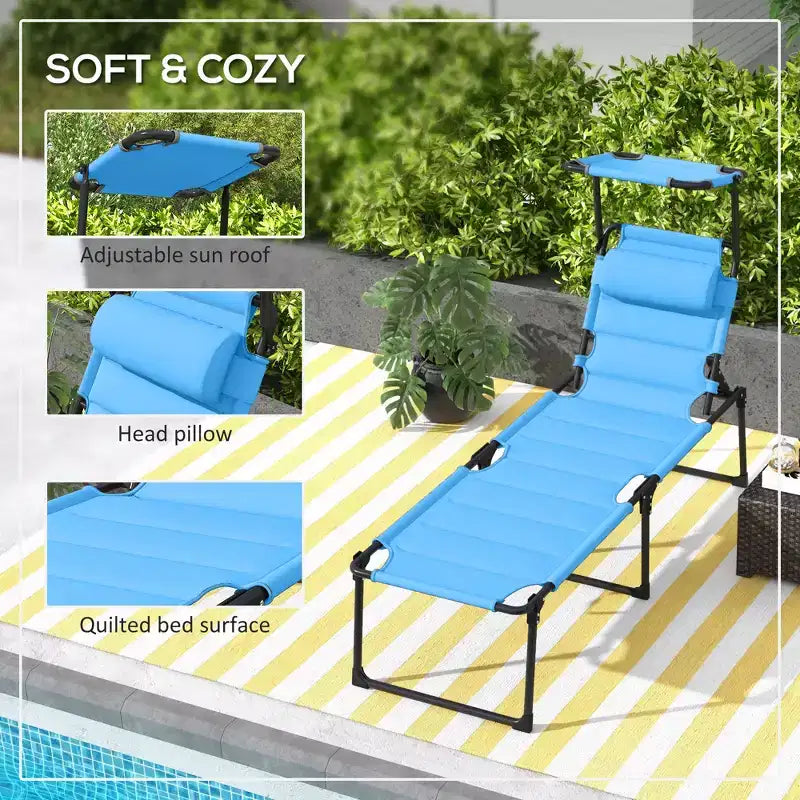 2 Pcs Outdoor Lounge Chair, 4 Position Adjustable Backrest, Folding, Cushioned w/ Sun Shade Roof & Pillow