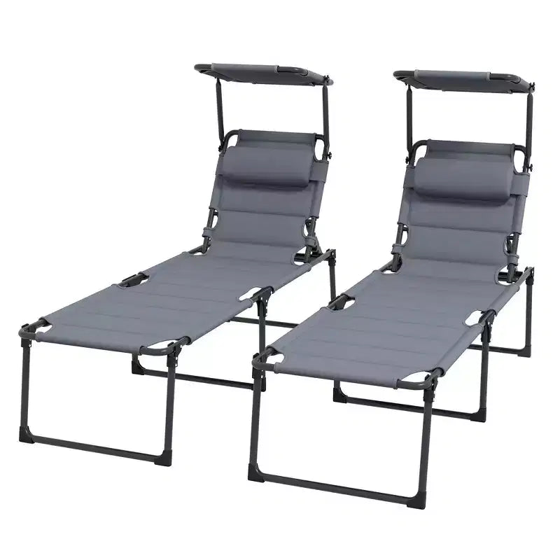2 Pcs Outdoor Lounge Chair, 4 Position Adjustable Backrest, Folding, Cushioned w/ Sun Shade Roof & Pillow