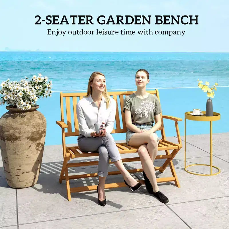 2-Person Foldable Wood Outdoor Bench with Backrest and Armrests for Garden, Porch, Park, Balcony