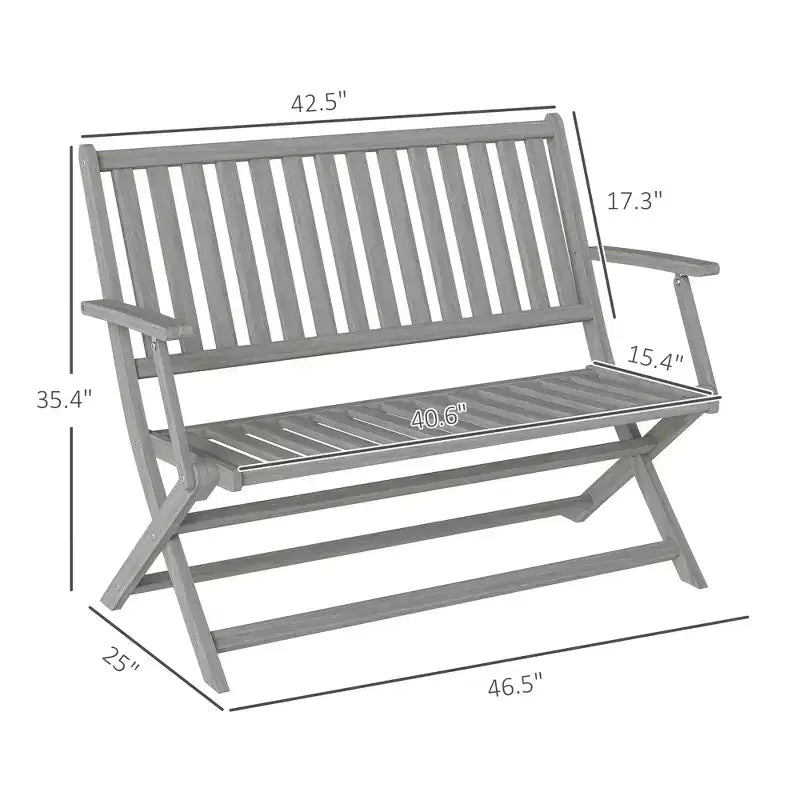 2-Person Foldable Wood Outdoor Bench with Backrest and Armrests for Garden, Porch, Park, Balcony