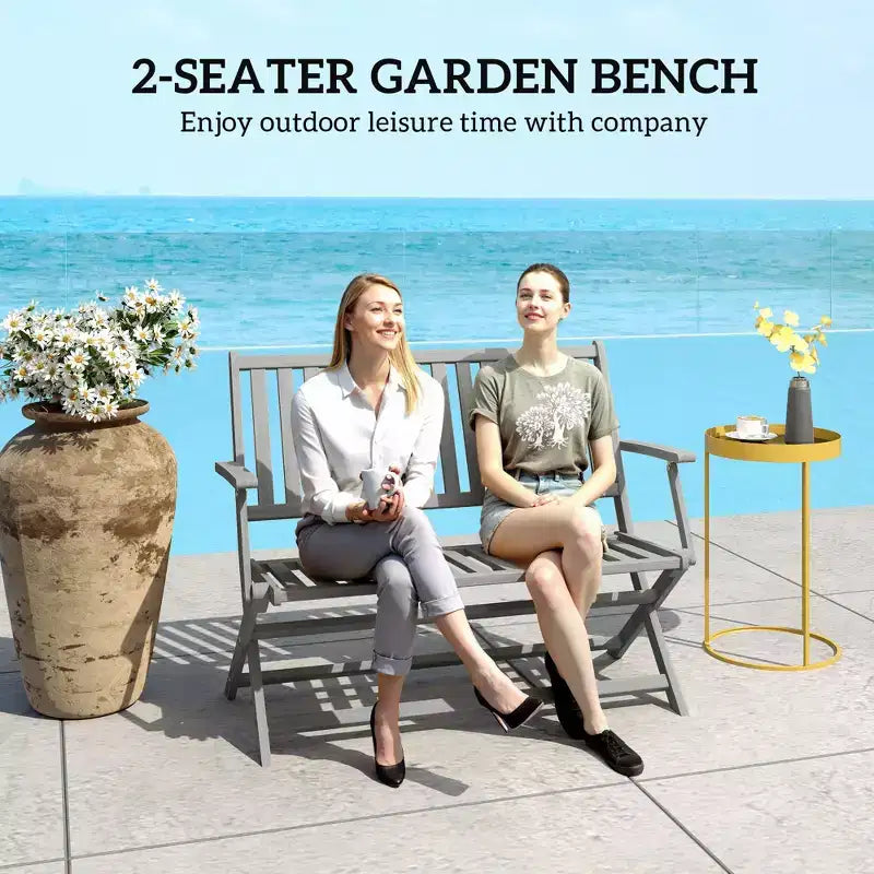 2-Person Foldable Wood Outdoor Bench with Backrest and Armrests for Garden, Porch, Park, Balcony