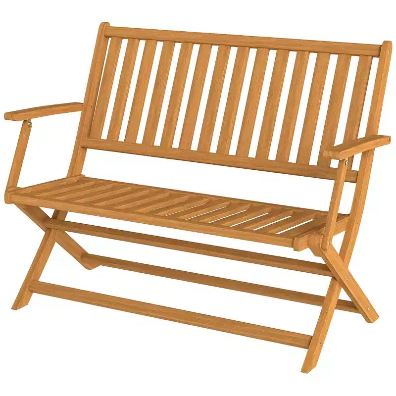 2-Person Foldable Wood Outdoor Bench with Backrest and Armrests for Garden, Porch, Park, Balcony