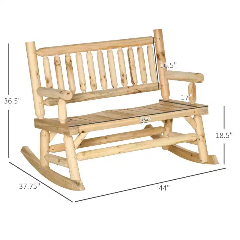 Dondolo a 2 posti in legno con design a tronchi, divanetto robusto con ampie sedute curve per patio, giardino