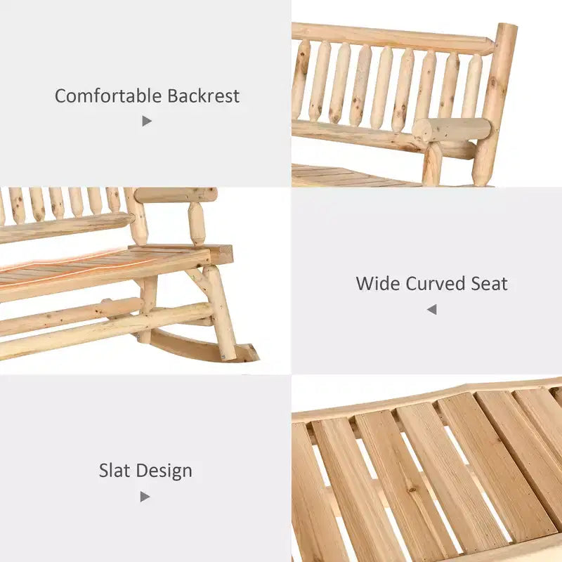 Dondolo a 2 posti in legno con design a tronchi, divanetto robusto con ampie sedute curve per patio, giardino