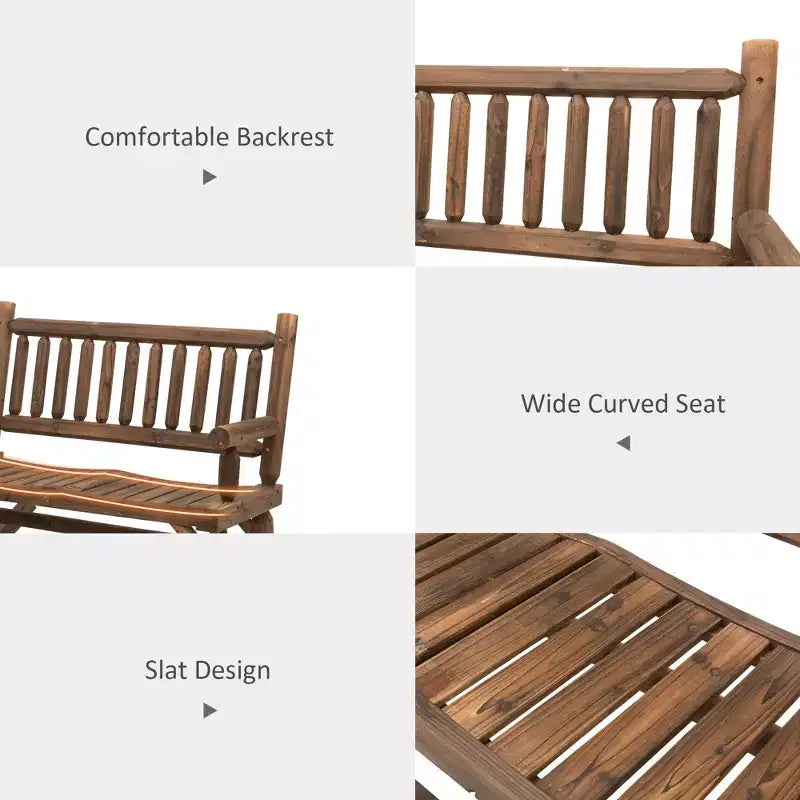 Dondolo a 2 posti in legno con design a tronchi, divanetto robusto con ampie sedute curve per patio, giardino