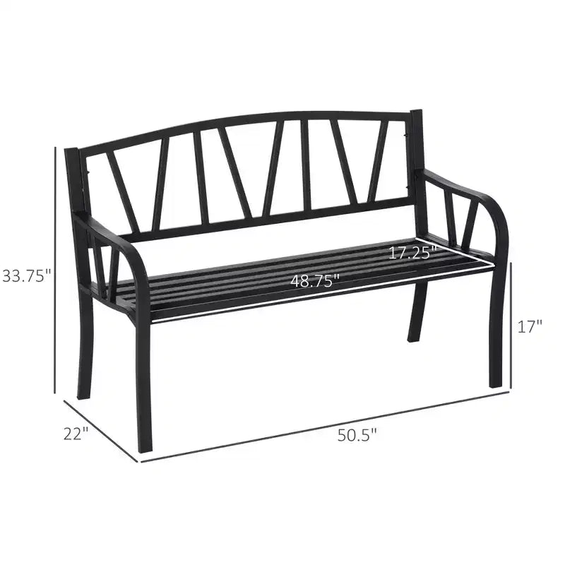 50 Outdoor Bench, Metal Garden Bench with V-Shaped Pattern Backrest, Porch Bench with Slatted Seat for Park, Lawn