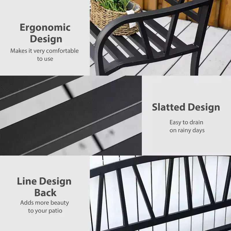 50 Outdoor Bench, Metal Garden Bench with V-Shaped Pattern Backrest, Porch Bench with Slatted Seat for Park, Lawn
