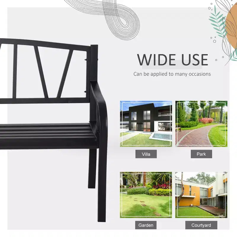 50 Outdoor Bench, Metal Garden Bench with V-Shaped Pattern Backrest, Porch Bench with Slatted Seat for Park, Lawn