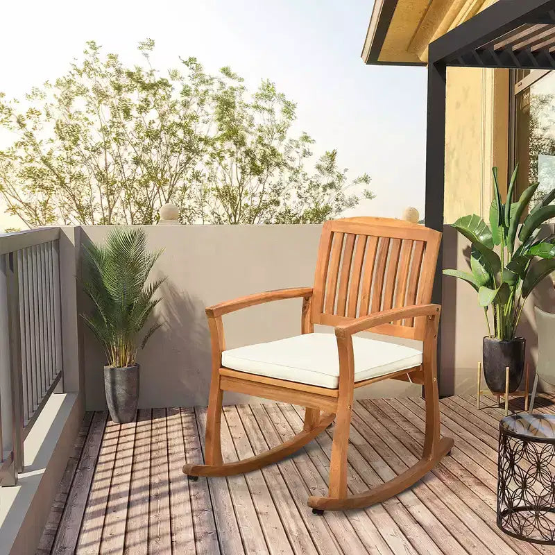 Sedia a dondolo da esterno con cuscino, dondolo da patio in legno di acacia per giardino, patio, casa