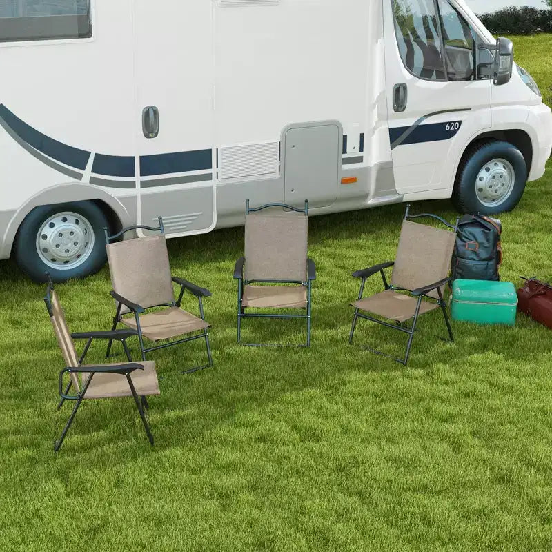 4 Piece Folding Patio Camping Chair Set, Sports Chairs for Adults with Armrests, Mesh Fabric Seat for Lawn