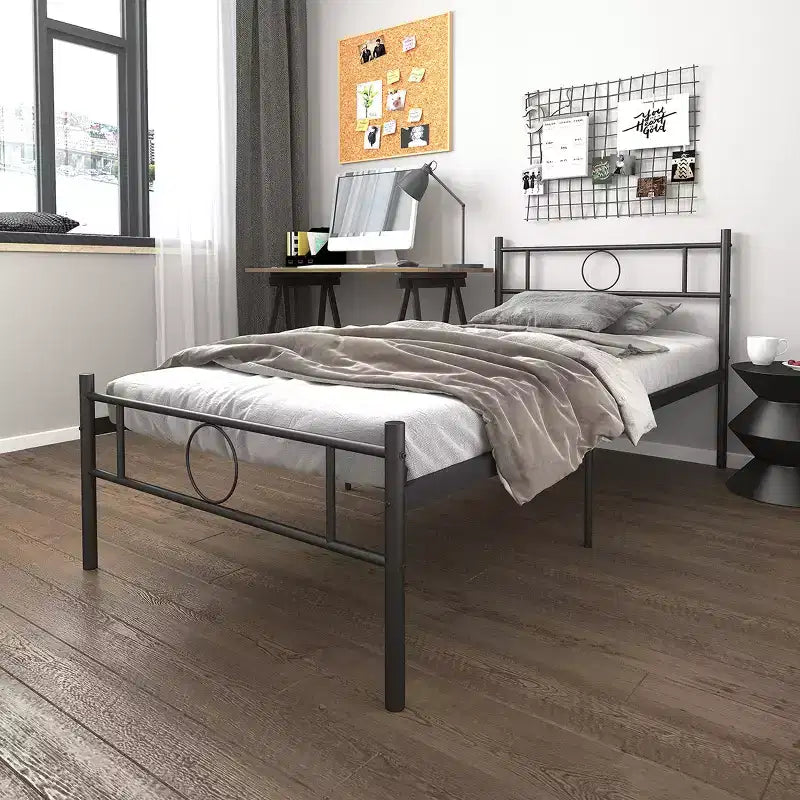 Struttura letto in metallo FurnitureR una piazza e mezza con testiera e pediera, contenitore sotto la base, non necessita di rete a molle, nero