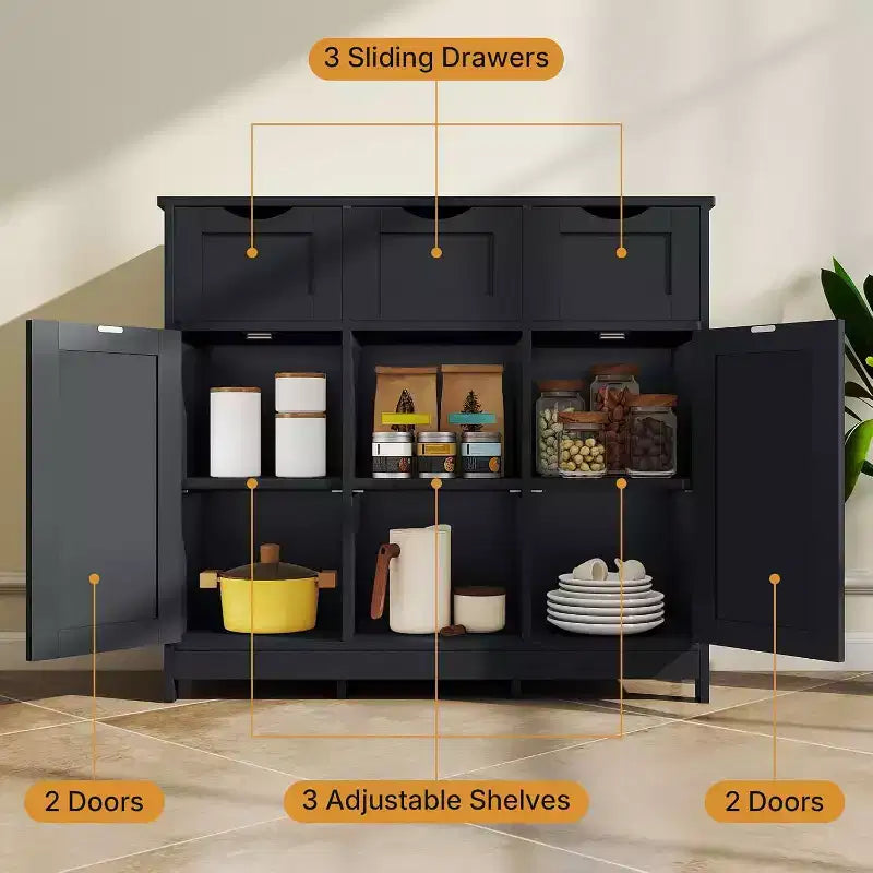 Zevemomo Modern Farmhouse Sideboard Buffet Cabinet with Drawer & Adjustable Shelf, Kitchen Storage & Coffee Bar Cabinet for Dining Room, Black