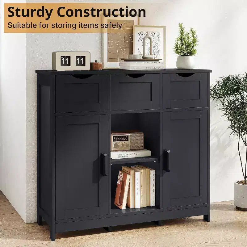 Zevemomo Modern Farmhouse Sideboard Buffet Cabinet with Drawer & Adjustable Shelf, Kitchen Storage & Coffee Bar Cabinet for Dining Room, Black