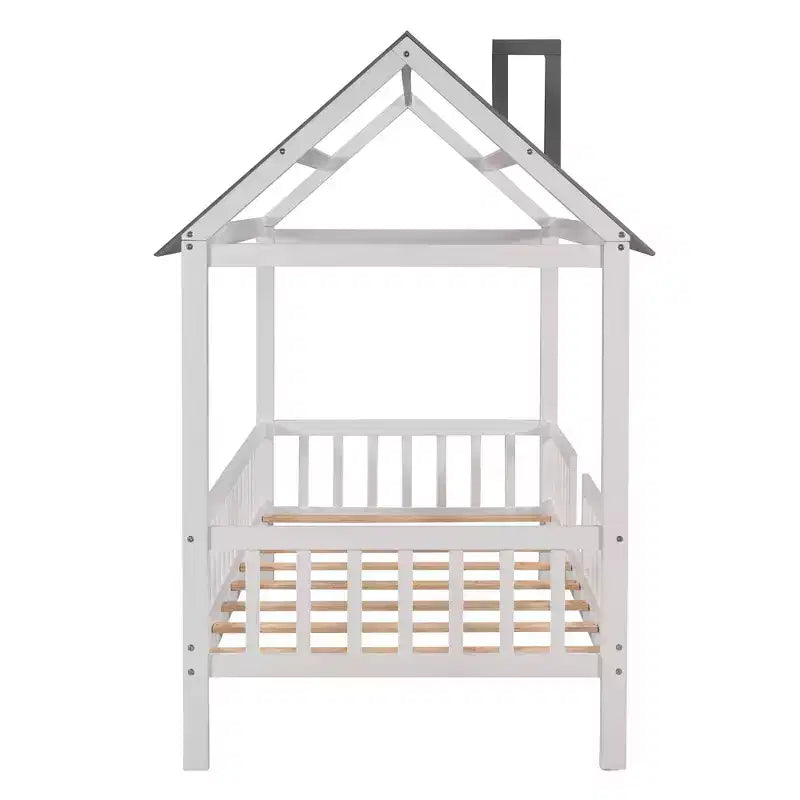 Struttura letto a casetta Okak in legno massello, misura doppia, con tetto e recinzione, simpatico letto a piattaforma per cameretta bambini, camera da letto