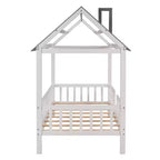 Struttura letto a casetta Okak in legno massello, misura doppia, con tetto e recinzione, simpatico letto a piattaforma per cameretta bambini, camera da letto