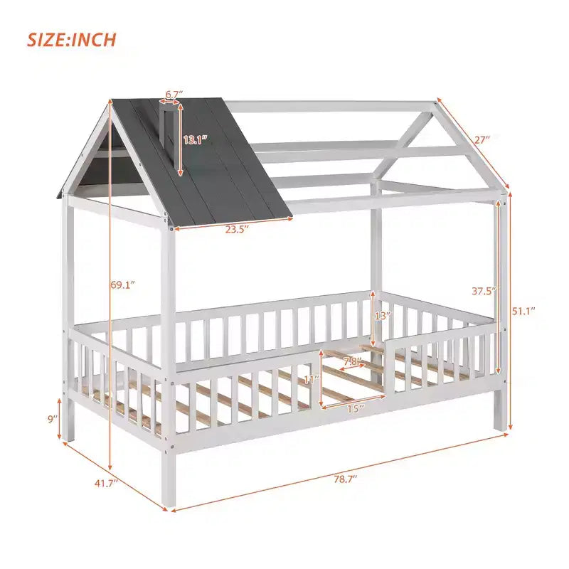 Struttura letto a casetta Okak in legno massello, misura doppia, con tetto e recinzione, simpatico letto a piattaforma per cameretta bambini, camera da letto