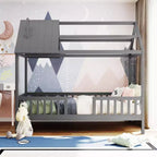 Struttura letto a casetta Okak in legno massello, misura doppia, con tetto e recinzione, simpatico letto a piattaforma per cameretta bambini, camera da letto