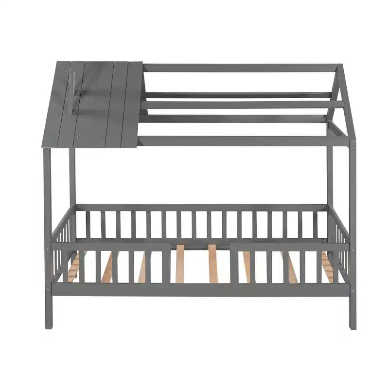 Struttura letto a casetta Okak in legno massello, misura doppia, con tetto e recinzione, simpatico letto a piattaforma per cameretta bambini, camera da letto