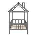 Struttura letto a casetta Okak in legno massello, misura doppia, con tetto e recinzione, simpatico letto a piattaforma per cameretta bambini, camera da letto