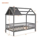 Struttura letto a casetta Okak in legno massello, misura doppia, con tetto e recinzione, simpatico letto a piattaforma per cameretta bambini, camera da letto