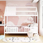 Struttura letto a casetta Okak in legno massello, misura doppia, con tetto e recinzione, simpatico letto a piattaforma per cameretta bambini, camera da letto
