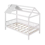 Struttura letto a casetta Okak in legno massello, misura doppia, con tetto e recinzione, simpatico letto a piattaforma per cameretta bambini, camera da letto